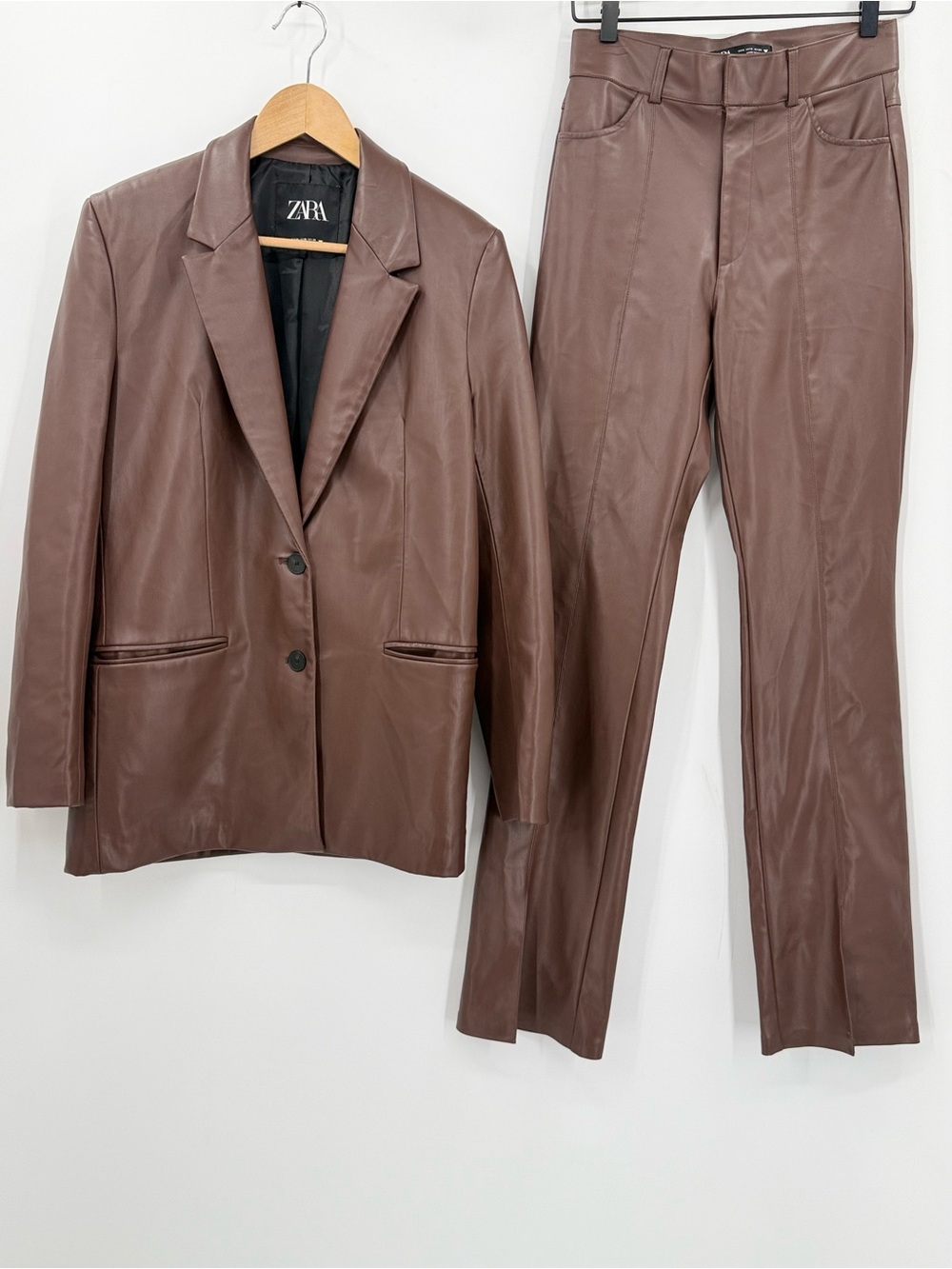 Zara Women XS S Chocolate Brown Faux Leather Blazer Pants Two Piece Suit Set